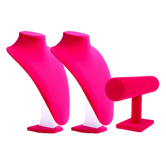 Comelyjewel Set of 3 9" Pink Velvet Necklace Bust Holder & 1 Row Bracelet Holder, Women Accessories Organizer Chain Storage, Display Stand Mannequin For Home Decor