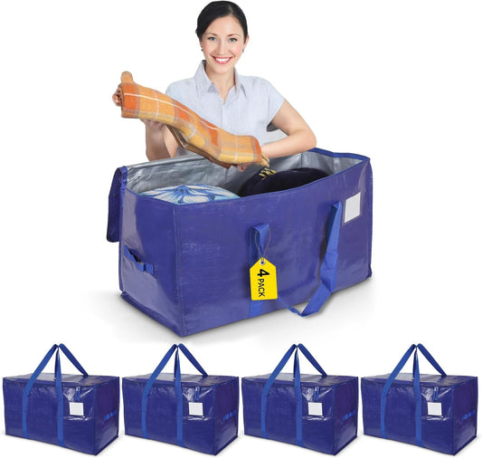 Yan & Hin 4 Pack 90L Extra Large Moving Bags with Carrying Handles, Blue Ikea Bag, Durable Zipper, and Tag Pocket - Reusable Packing Bags for Clothing Storage and Organization (4 Pack)