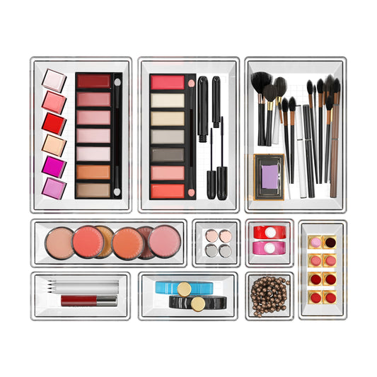 YAN & HIN Set of 10 Stackable Non-Slip Acrylic Organizers for Organization and Storage -4 Sizes Cabinet Organizer for Makeup Tray, Kitchen Drawer Organizer, and Desk Drawer Organizer