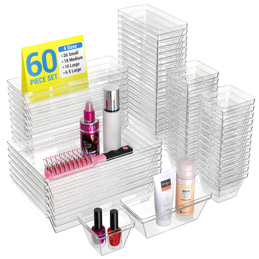 YAN & HIN Set of 60 Stackable Non-Slip Acrylic Organizers for Organization and Storage -4 Sizes Cabinet Organizer for Makeup Tray , Kitchen Drawer Organizer, and Desk Drawer Organizer
