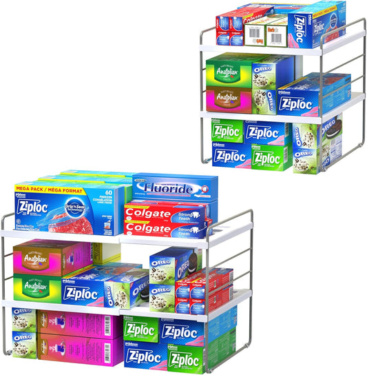 YAN & HIN 2 Packs 3-Tier Pantry Cabinet Organizers and Storage, Adjustable Height and Expandable Kitchen Plastic Wrap Organizer, Sturdy Aluminum Foil Countertop and Storage for Multi-Purpose Use