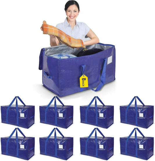 Yan & Hin 8 Pack 90L Extra Large Moving Bags with Carrying Handles, Veno Bag, Durable Zipper, and Tag Pocket - Reusable Packing Bags for Clothing Storage and Organization (8 Pack)