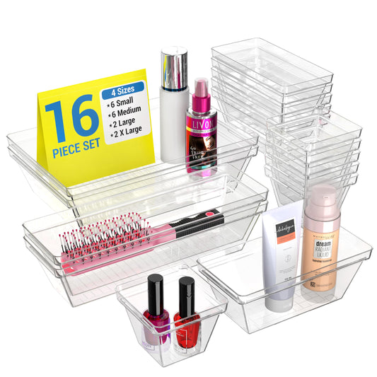 YAN & HIN Set of 16 Stackable Non-Slip Acrylic Organizers for Organization and Storage -4 Sizes Cabinet Organizer for Makeup Tray , Kitchen Drawer Organizer, and Desk Drawer Organizer