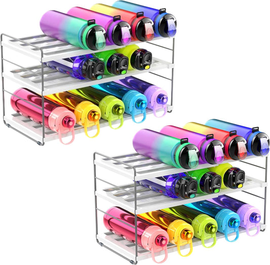 YAN & HIN 2 Packs Cabinet Organizer Extendable Kitchen Cabinet Organizer with Adjustable Height 3-Tier Water Stanley Bottle Holder 15 Bottles Pantry Pantry Organizers Cup Rack for Cabinet