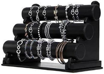 Comelyjewel 3 tier Black PU Faux Leather Jewelry Display Stand T-Bar Bracelet Holder 12.2" Wide Bangle Watches & Jewellery Hovering For Women Girls Home Bedroom Organization