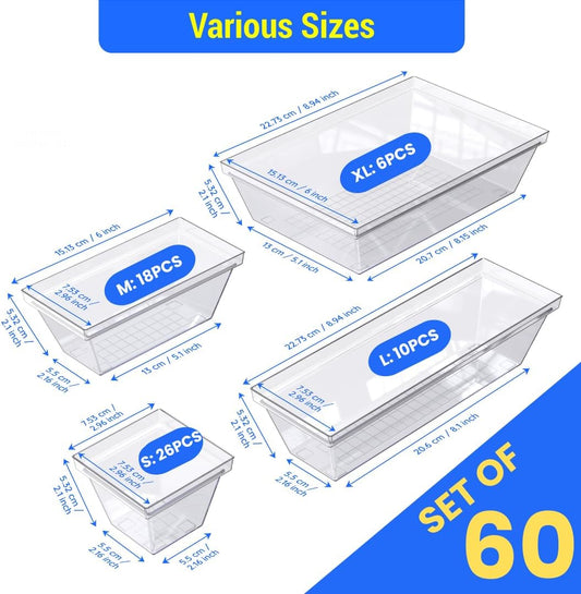 YAN & HIN Set of 60 Stackable Non-Slip Acrylic Organizers for Organization and Storage -4 Sizes Cabinet Organizer for Makeup Tray , Kitchen Drawer Organizer, and Desk Drawer Organizer