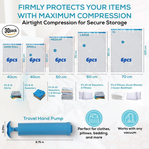 Yan & Hin Vacuum Storage Bags with Hand Pump - Space Saver Vacuum Seal Bags for Clothing - Space Saving Solution for Home Organization - Durable and Efficient Vacuum Storage Bags (30 Combo)