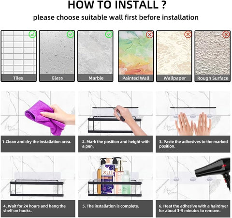 Comelyjewel Set of 6 Bathroom Essentials Black Suction Cup Shower Caddy with Shower Baskets, Hooks, Razor Toothbrush Holder, and Soap Dish for Inside Shower Storage