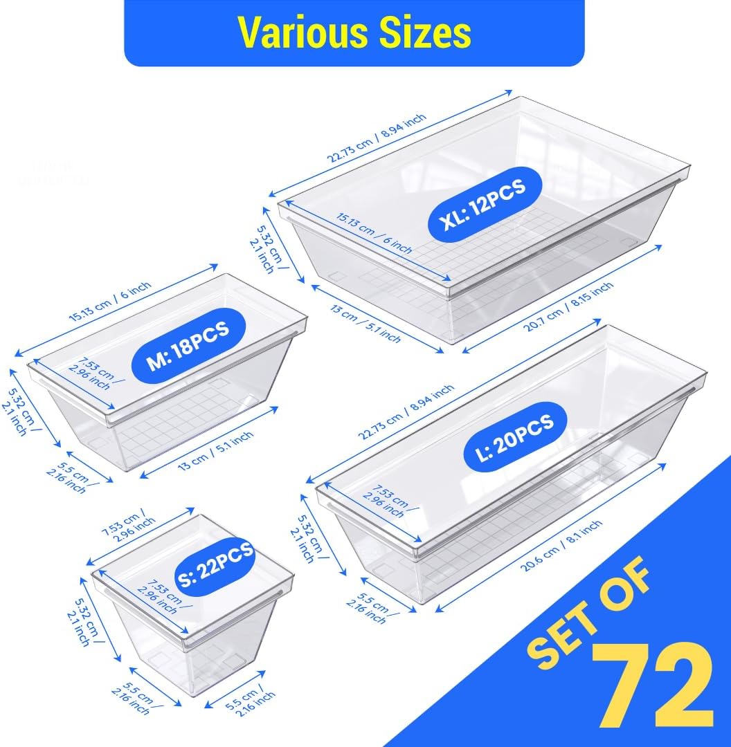YAN & HIN Set of 72 Stackable Non-Slip Acrylic Organizers - Modern Minimalist Clear Drawer Organizer for Makeup, Kitchen, Desk & Office