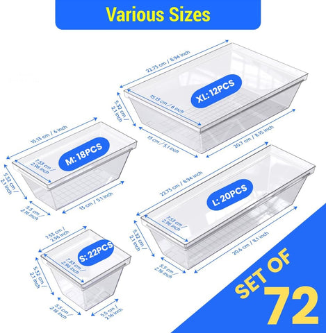 YAN & HIN Set of 72 Stackable Non-Slip Acrylic Organizers - Modern Minimalist Clear Drawer Organizer for Makeup, Kitchen, Desk & Office