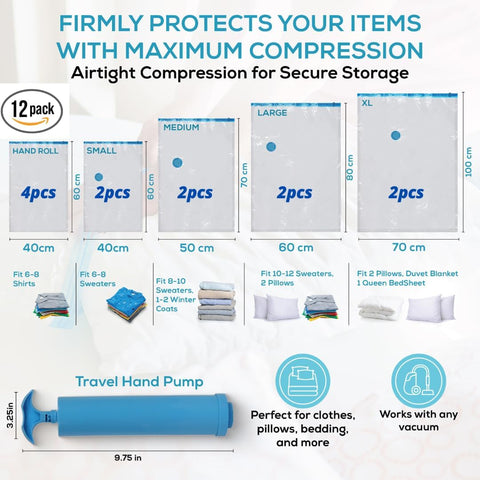 Yan & Hin Vacuum Storage Bags with Hand Pump - Space Saver Vacuum Seal Bags for Clothing - Space Saving Solution for Home Organization - Durable and Efficient Vacuum Storage Bags (12 Combo)