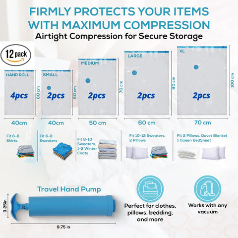 Yan & Hin Vacuum Storage Bags with Hand Pump - Space Saver Vacuum Seal Bags for Clothing - Space Saving Solution for Home Organization - Durable and Efficient Vacuum Storage Bags (25 Combo)