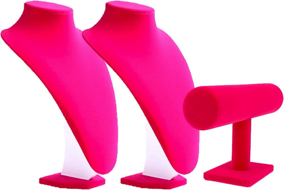 Comelyjewel Set of 3 9" Pink Velvet Necklace Bust Holder & 1 Row Bracelet Holder, Women Accessories Organizer Chain Storage, Display Stand Mannequin For Home Decor