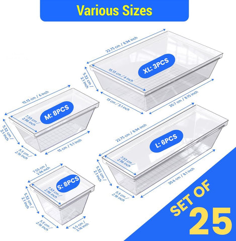 YAN & HIN Set of 25 Clear Office Desk Trays for Organization and Storage -4 Sizes Cabinet Bins for Makeup Tray, Kitchen Drawer Organizer, Bathroom Toiletry Vanity Organizer