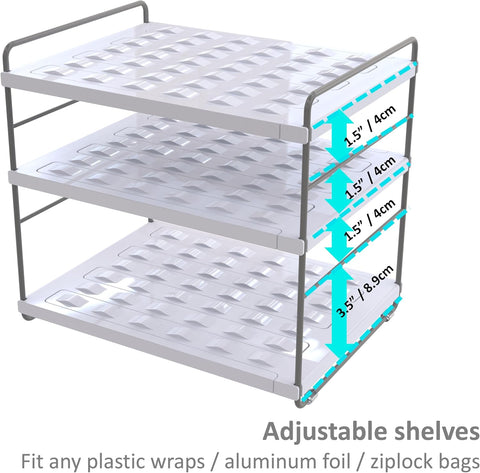 YAN & HIN 2 Packs 3-Tier Pantry Cabinet Organizers and Storage, Adjustable Height and Expandable Kitchen Plastic Wrap Organizer, Sturdy Aluminum Foil Countertop and Storage for Multi-Purpose Use