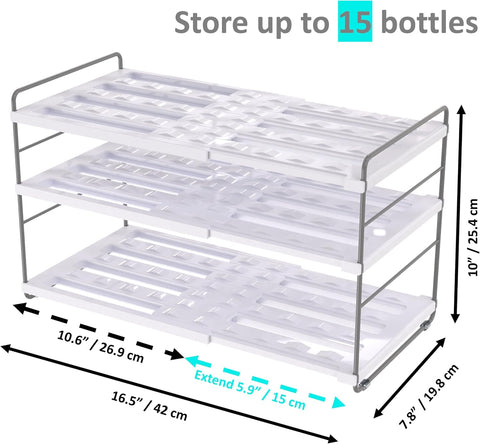 YAN & HIN 15 Bottles Cabinet Organizer Extendable Kitchen Cabinet Organizer with Adjustable Height, 3-Tier Water Bottle Holder, Pantry Pantry Organizers Cup Rack for Cabinet