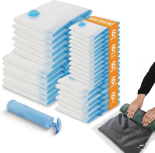 Yan & Hin Vacuum Storage Bags with Hand Pump - Space Saver Vacuum Seal Bags for Clothing - Space Saving Solution for Home Organization - Durable and Efficient Vacuum Storage Bags (30 Combo)