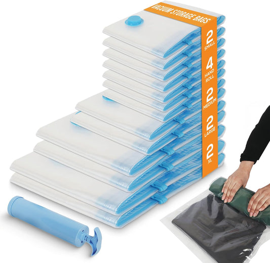 Yan & Hin Vacuum Storage Bags with Hand Pump - Space Saver Vacuum Seal Bags for Clothing - Space Saving Solution for Home Organization - Durable and Efficient Vacuum Storage Bags (12 Combo)