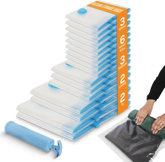 Yan & Hin Vacuum Storage Bags with Hand Pump - Space Saver Vacuum Seal Bags for Clothing - Space Saving Solution for Home Organization - Durable and Efficient Vacuum Storage Bags (16 Combo)