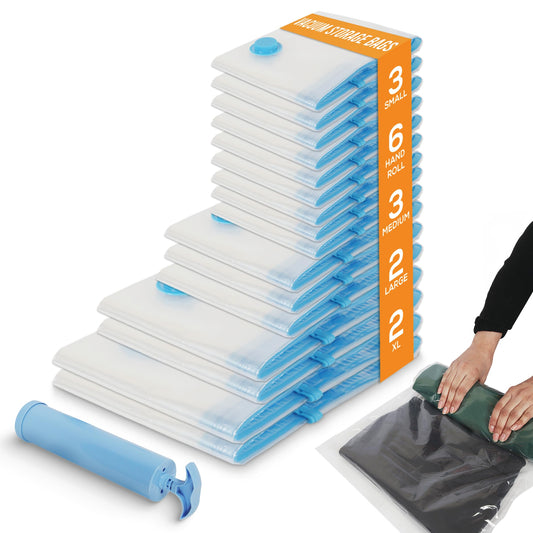 Yan & Hin Vacuum Storage Bags with Hand Pump - Space Saver Vacuum Seal Bags for Clothing - Space Saving Solution for Home Organization - Durable and Efficient Vacuum Storage Bags (16 Combo)