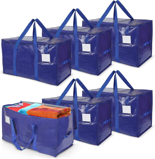 Yan & Hin 6 Pack 90L Extra Large Moving Bags with Carrying Handles, Veno Bags, Durable Zipper, and Tag Pocket - Reusable Packing Bag for Clothing Storage and Organization (6 Pack)