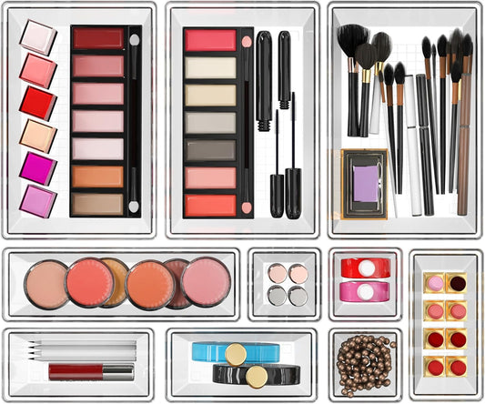 YAN & HIN Set of 10 Stackable Non-Slip Acrylic Organizers for Organization and Storage -4 Sizes Cabinet Organizer for Makeup Tray, Kitchen Drawer Organizer, and Desk Drawer Organizer