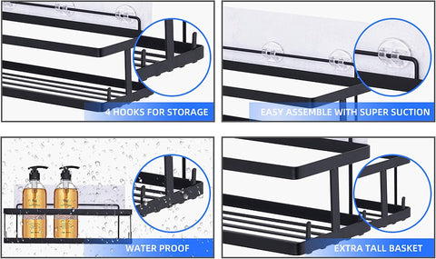 Comelyjewel Set of 6 Bathroom Essentials Black Suction Cup Shower Caddy with Shower Baskets, Hooks, Razor Toothbrush Holder, and Soap Dish for Inside Shower Storage