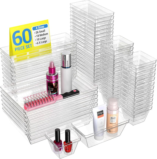 YAN & HIN Set of 60 Stackable Non-Slip Acrylic Organizers for Organization and Storage -4 Sizes Cabinet Organizer for Makeup Tray , Kitchen Drawer Organizer, and Desk Drawer Organizer