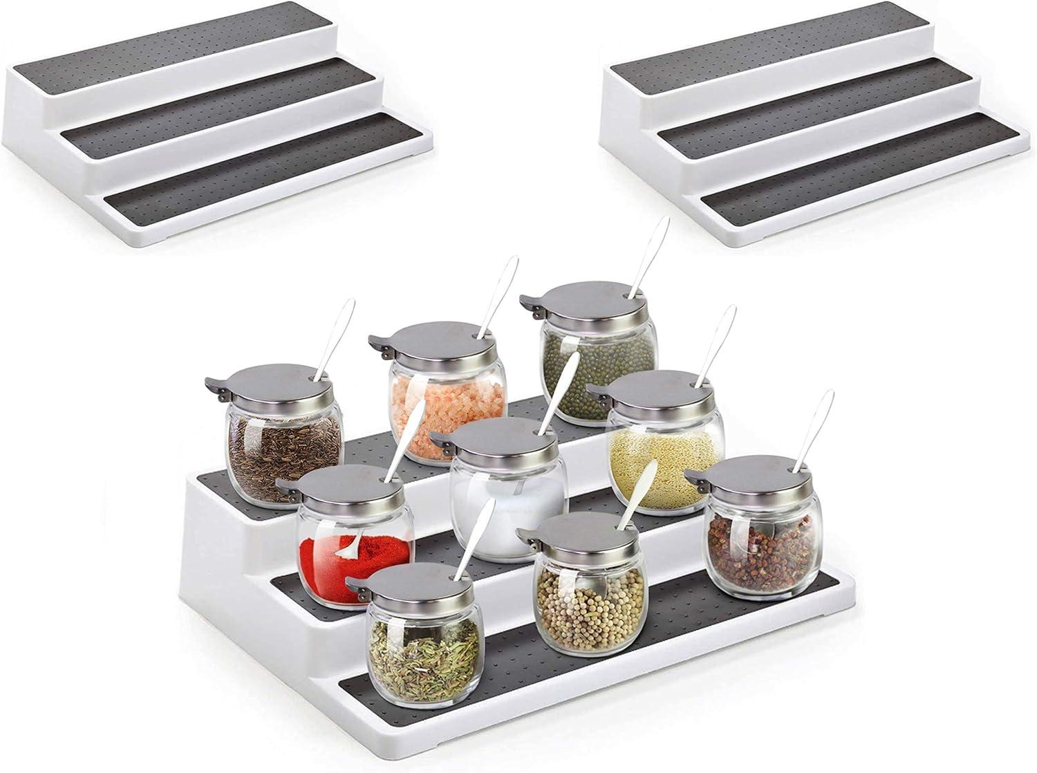 3pcs/pack Non Skid 3 Tier Lazy Susan White Grey Silicon Surface Spice Racks Kitchen Can Shelf Home Countertop Organizer Bathroom Storage Pantry Cabinet, 14.4"/36.5cm (W) X 9.5"/24cm(D) X 3.3"/8.5cm(H)