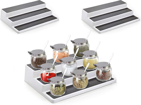 3pcs/pack Non Skid 3 Tier Lazy Susan White Grey Silicon Surface Spice Racks Kitchen Can Shelf Home Countertop Organizer Bathroom Storage Pantry Cabinet, 14.4"/36.5cm (W) X 9.5"/24cm(D) X 3.3"/8.5cm(H)