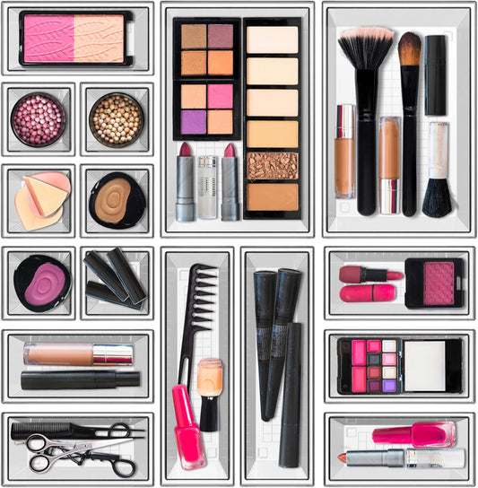 YAN & HIN Set of 16 Stackable Non-Slip Acrylic Organizers for Organization and Storage -4 Sizes Cabinet Organizer for Makeup Tray , Kitchen Drawer Organizer, and Desk Drawer Organizer