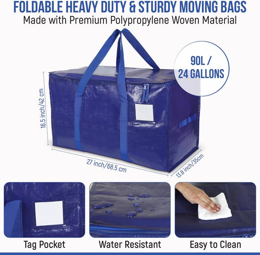 Yan & Hin 6 Pack 90L Extra Large Moving Bags with Carrying Handles, Veno Bags, Durable Zipper, and Tag Pocket - Reusable Packing Bag for Clothing Storage and Organization (6 Pack)