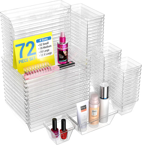 YAN & HIN Set of 72 Stackable Non-Slip Acrylic Organizers - Modern Minimalist Clear Drawer Organizer for Makeup, Kitchen, Desk & Office