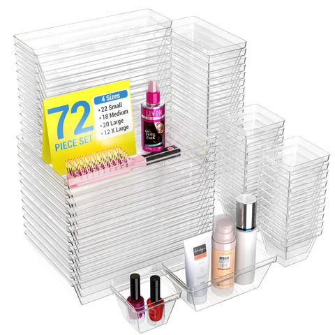 YAN & HIN Set of 72 Stackable Non-Slip Acrylic Organizers - Modern Minimalist Clear Drawer Organizer for Makeup, Kitchen, Desk & Office