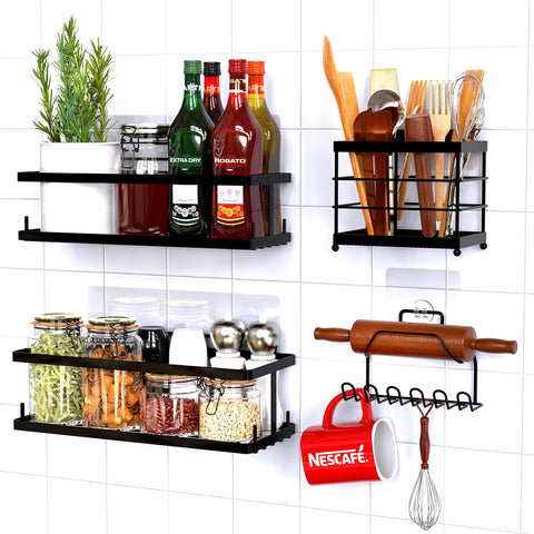 Comelyjewel Set of 6 Bathroom Essentials Black Suction Cup Shower Caddy with Shower Baskets, Hooks, Razor Toothbrush Holder, and Soap Dish for Inside Shower Storage