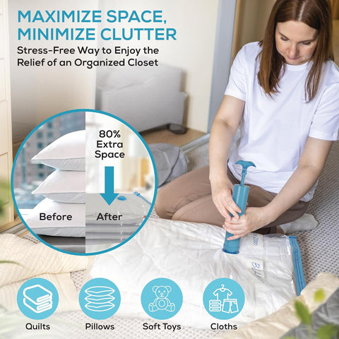 Yan & Hin Vacuum Storage Bags with Hand Pump - Space Saver Vacuum Seal Bags for Clothing - Space Saving Solution for Home Organization - Durable and Efficient Vacuum Storage Bags (12 Combo)