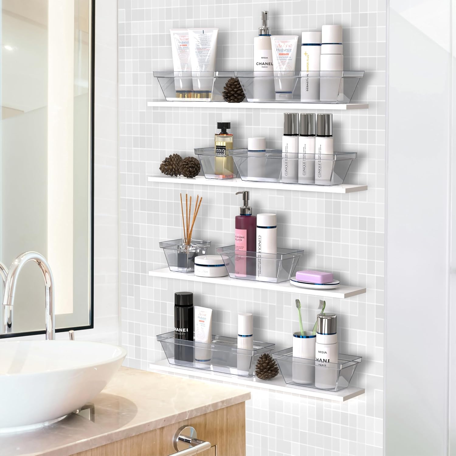 YAN & HIN Set of 72 Stackable Non-Slip Acrylic Organizers - Modern Minimalist Clear Drawer Organizer for Makeup, Kitchen, Desk & Office