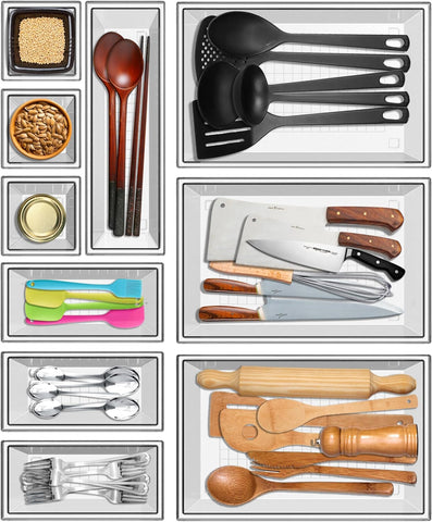 YAN & HIN Set of 25 Clear Office Desk Trays for Organization and Storage -4 Sizes Cabinet Bins for Makeup Tray, Kitchen Drawer Organizer, Bathroom Toiletry Vanity Organizer