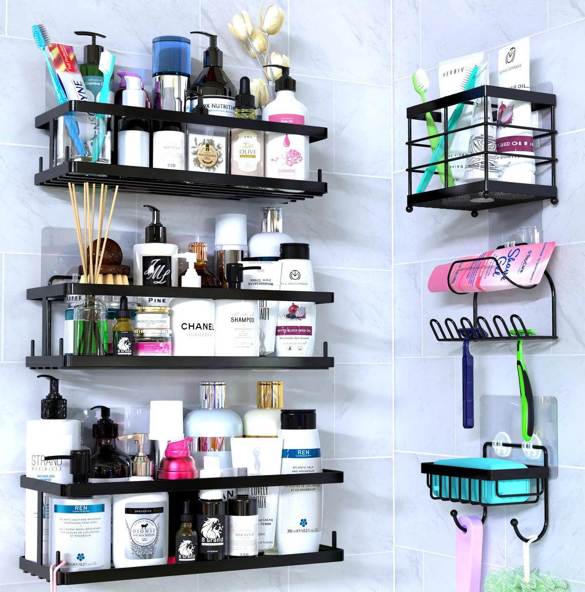 Comelyjewel Set of 6 Bathroom Essentials Black Suction Cup Shower Caddy with Shower Baskets, Hooks, Razor Toothbrush Holder, and Soap Dish for Inside Shower Storage