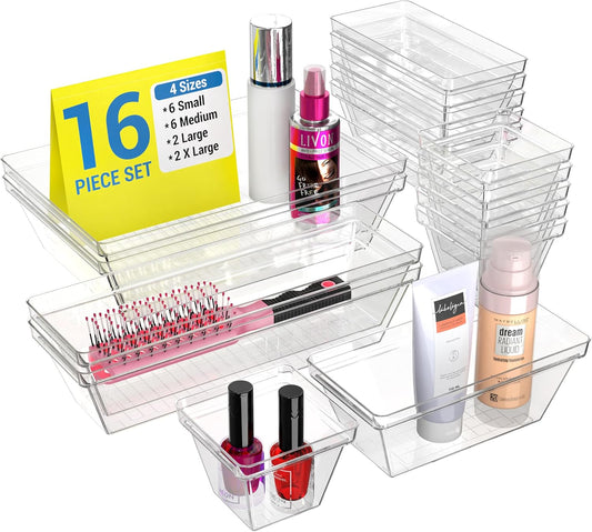 YAN & HIN Set of 16 Stackable Non-Slip Acrylic Organizers for Organization and Storage -4 Sizes Cabinet Organizer for Makeup Tray , Kitchen Drawer Organizer, and Desk Drawer Organizer