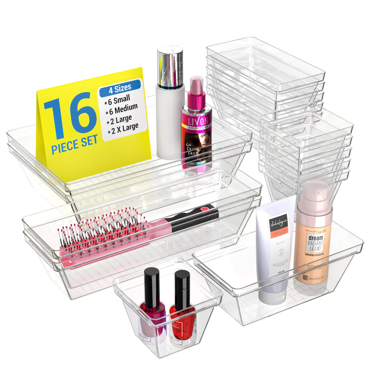 YAN & HIN Set of 72 Stackable Non-Slip Acrylic Organizers - Modern Minimalist Clear Drawer Organizer for Makeup, Kitchen, Desk & Office