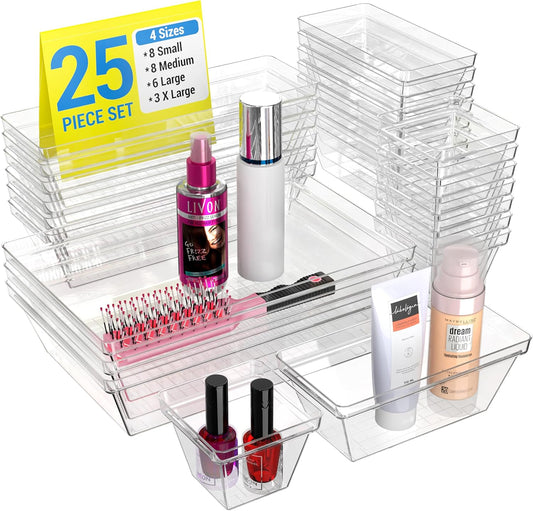 YAN & HIN Set of 25 Clear Office Desk Trays for Organization and Storage -4 Sizes Cabinet Bins for Makeup Tray, Kitchen Drawer Organizer, Bathroom Toiletry Vanity Organizer