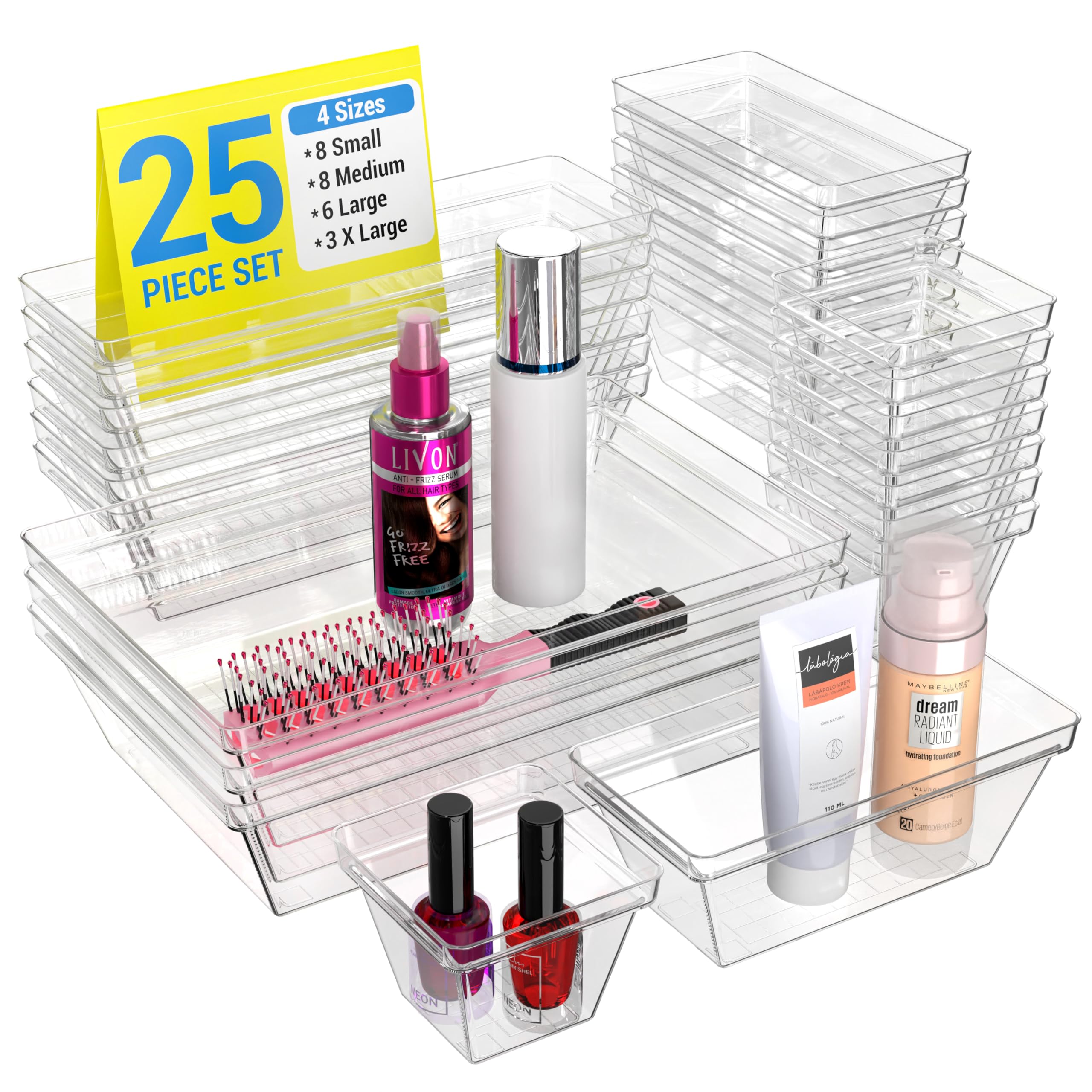 YAN & HIN Set of 72 Stackable Non-Slip Acrylic Organizers - Modern Minimalist Clear Drawer Organizer for Makeup, Kitchen, Desk & Office