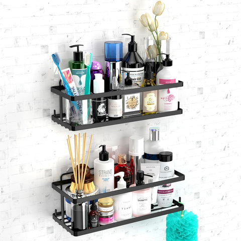 Comelyjewel Set of 6 Bathroom Essentials Black Suction Cup Shower Caddy with Shower Baskets, Hooks, Razor Toothbrush Holder, and Soap Dish for Inside Shower Storage