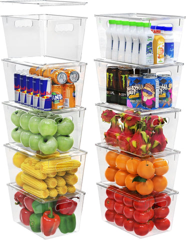 YAN & HIN 10 pcs/set Large Clear Storage Bins with Lids - Stackable, Transparent Pantry Storage with Handles - Nest Nicely for Easy Organization (11 "L x 7.5" W x 6.1 "H)