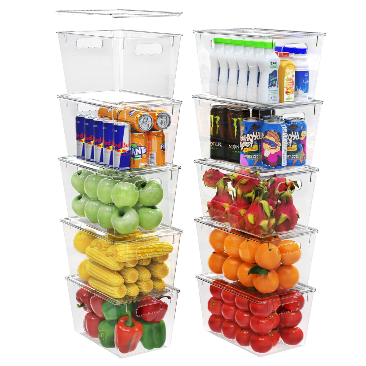 YAN & HIN 6 pcs/set Large Clear Storage Bins with Lids - Stackable, Transparent Pantry Storage with Handles - Nest Nicely for Easy Organization (11 "L x 7.5" W x 6.1 "H)