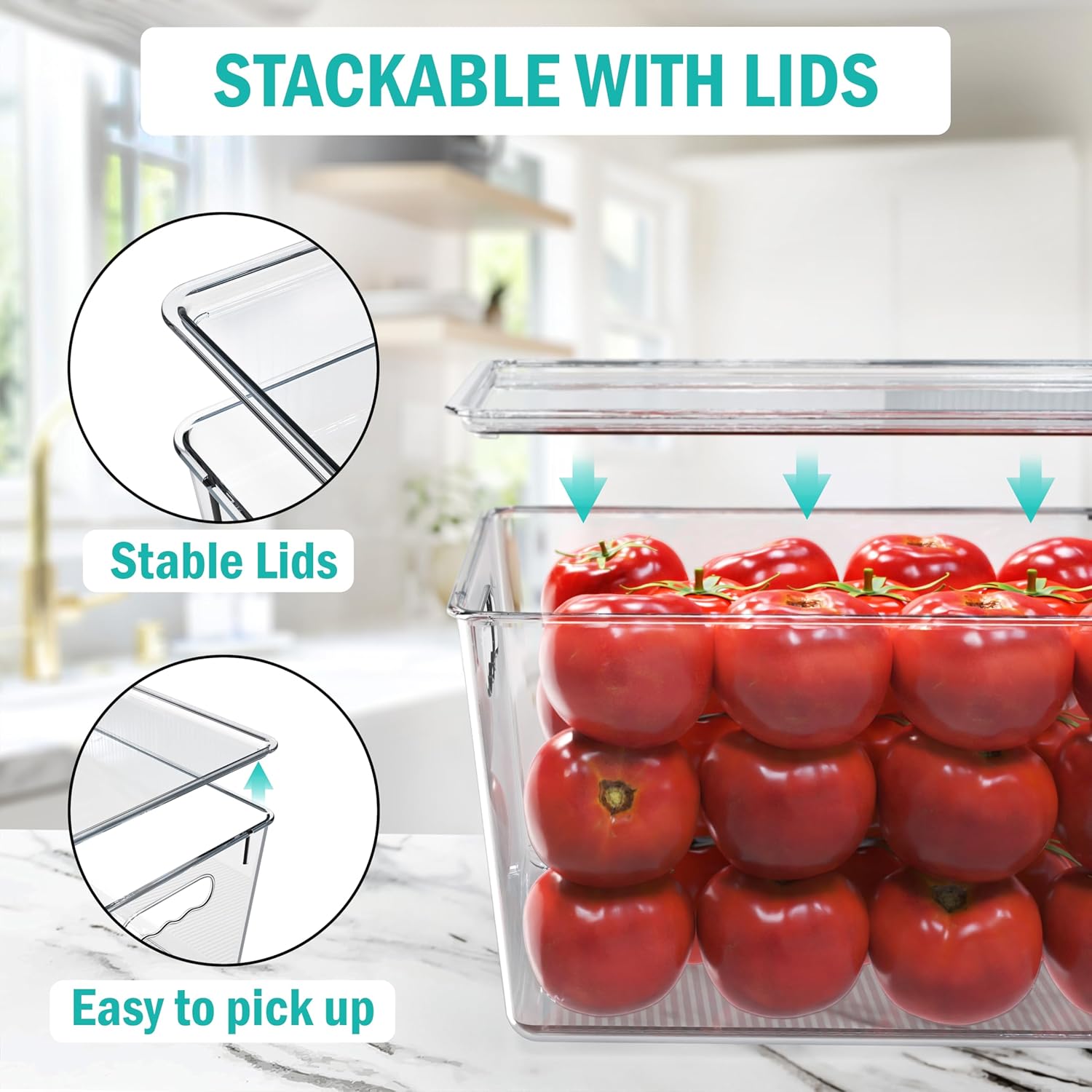 YAN & HIN 4 pcs/set Large Clear Storage Bins with Lids - Stackable, Transparent Pantry Storage with Handles - Nest Nicely for Clutter Organizer (11 "L x 7.5" W x 6.1 "H)