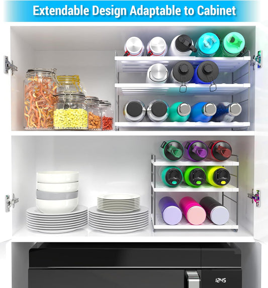 YAN & HIN 2 Packs Cabinet Organizer Extendable Kitchen Cabinet Organizer with Adjustable Height 3-Tier Water Stanley Bottle Holder 15 Bottles Pantry Pantry Organizers Cup Rack for Cabinet