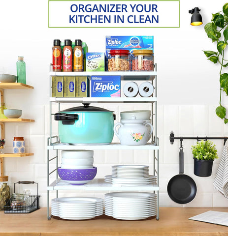 YAN & HIN 2 Packs 3-Tier Pantry Cabinet Organizers and Storage, Adjustable Height and Expandable Kitchen Plastic Wrap Organizer, Sturdy Aluminum Foil Countertop and Storage for Multi-Purpose Use