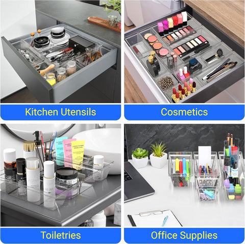 YAN & HIN Set of 72 Stackable Non-Slip Acrylic Organizers - Modern Minimalist Clear Drawer Organizer for Makeup, Kitchen, Desk & Office